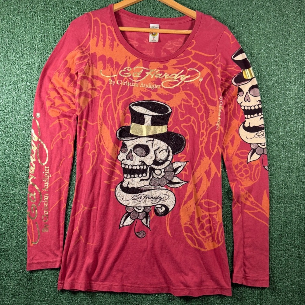 Ed Hardy Y2K Graphic Tee Womens Large Red Rhinestone Skull Panther Long Sleeve